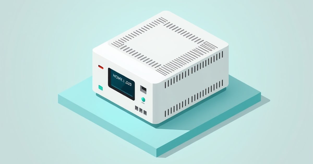 Isometric illustration of a dark finned mini PC with front status LEDs on a pale pedestal, representing hardware picks for an OPNsense firewall