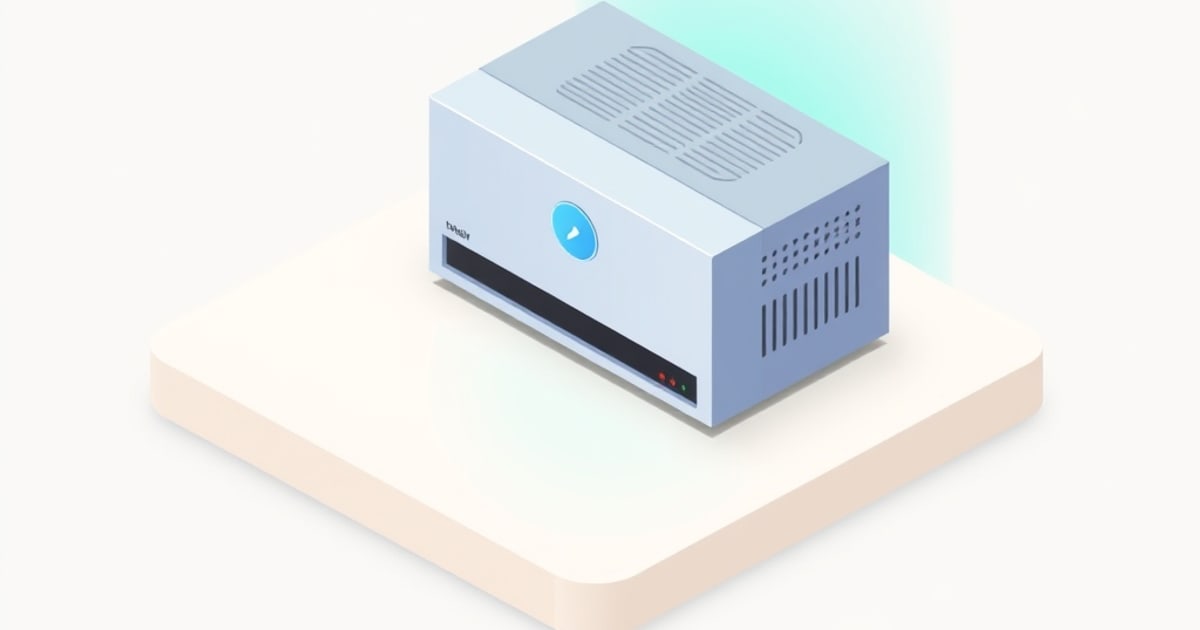 Flat isometric illustration of a pale vented firewall appliance with a round blue badge, resting on a cream pad in soft studio light.