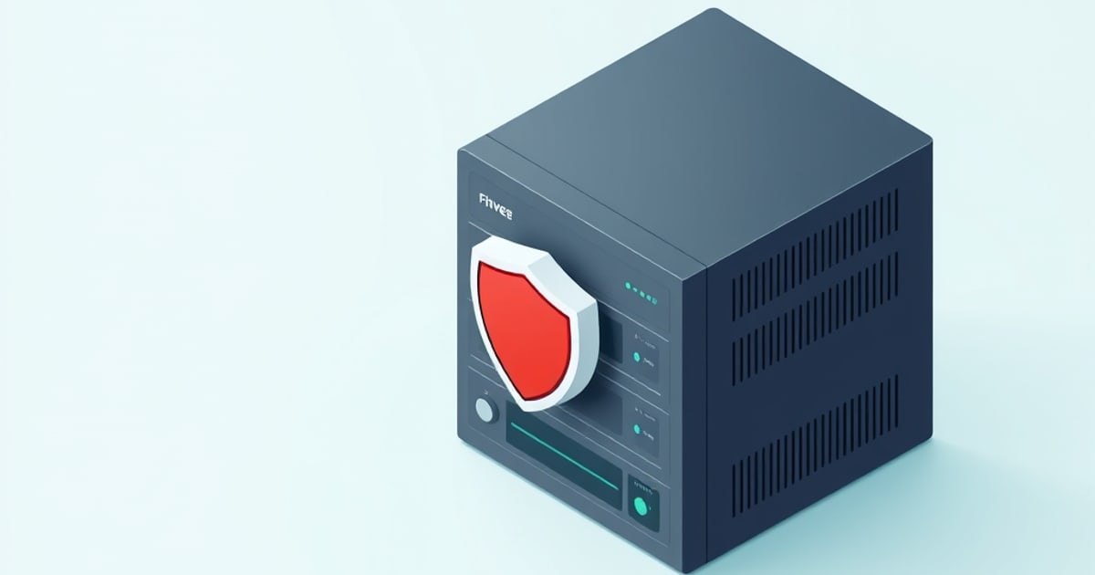 Isometric dark server cabinet with a lit control panel beside a red shield on a pink pad, representing OPNsense running as a Proxmox VM