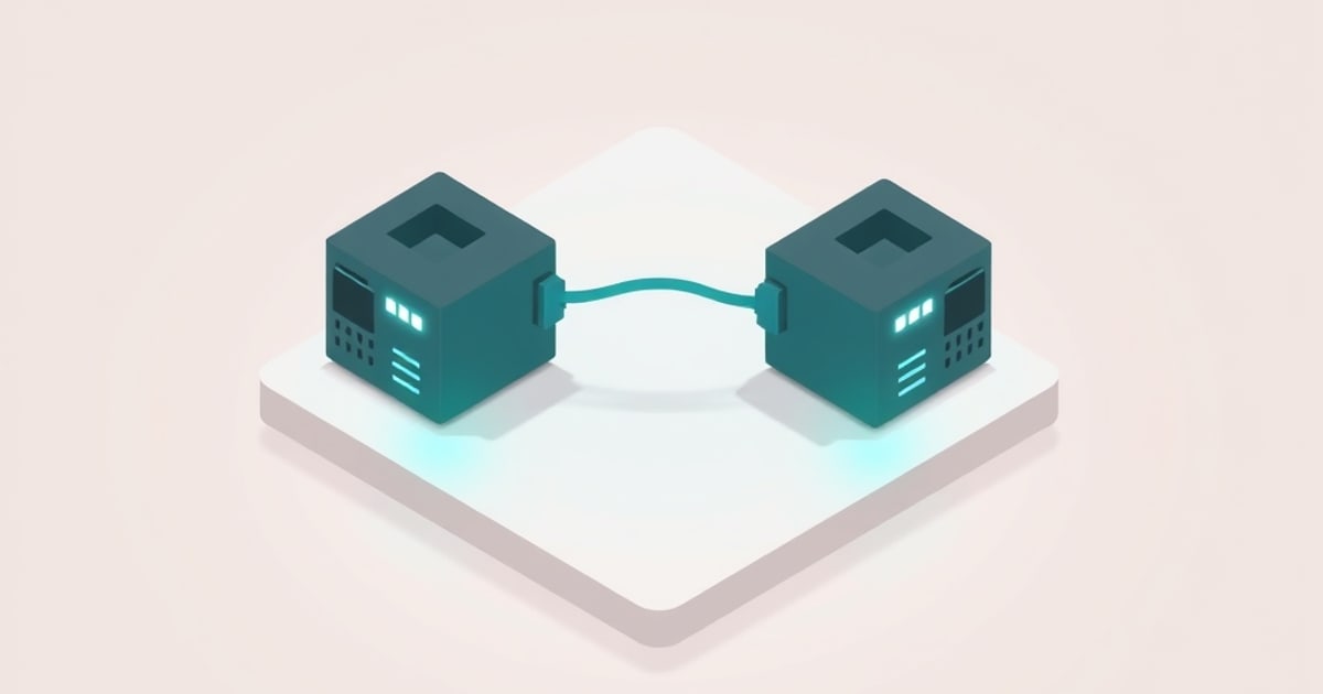 Flat isometric illustration of two dark teal cubes with notched tops joined by a curved teal cable on a white pad, against a pale pink background