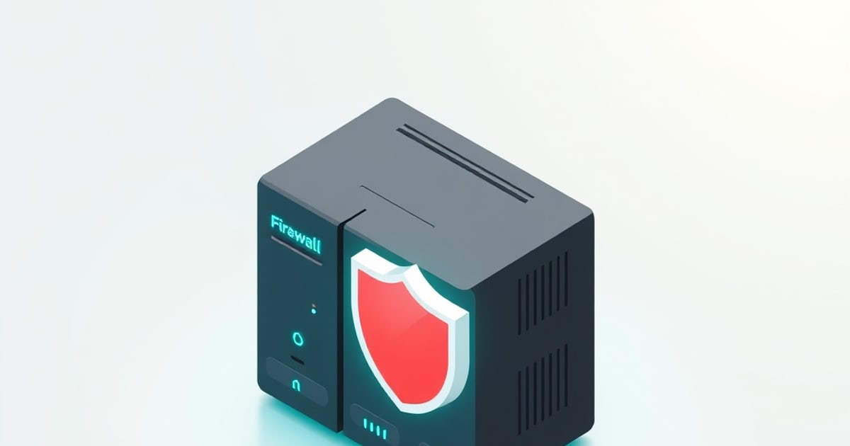 Isometric white firewall appliance with a red shield set into its front panel, representing OPNsense rule enforcement