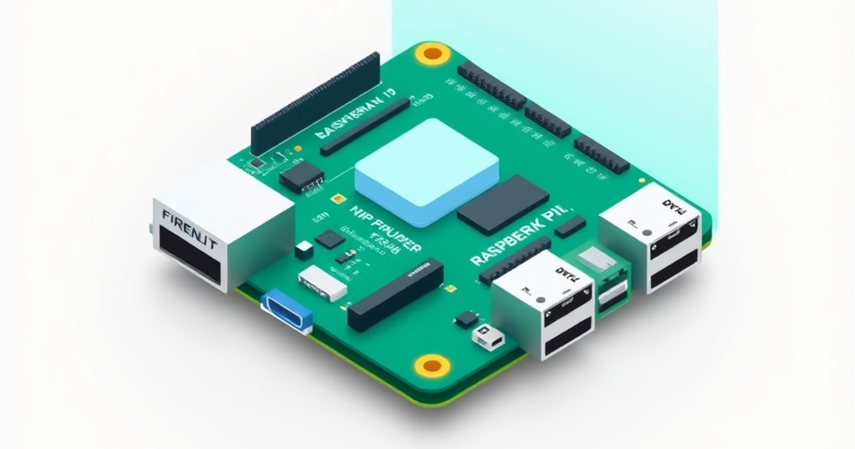 Flat isometric illustration of a stylized green single-board computer with ports and a heatsinked chip on a mint backdrop.
