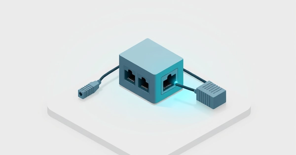 Flat isometric illustration of a teal network splitter box with three RJ45 jacks and two grey patch cables plugged in, on a white pad.