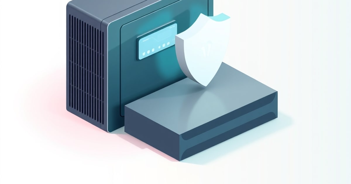 Flat isometric illustration of a dark teal firewall appliance with a glowing control panel beside a flat grey box, a pale shield floating in front.